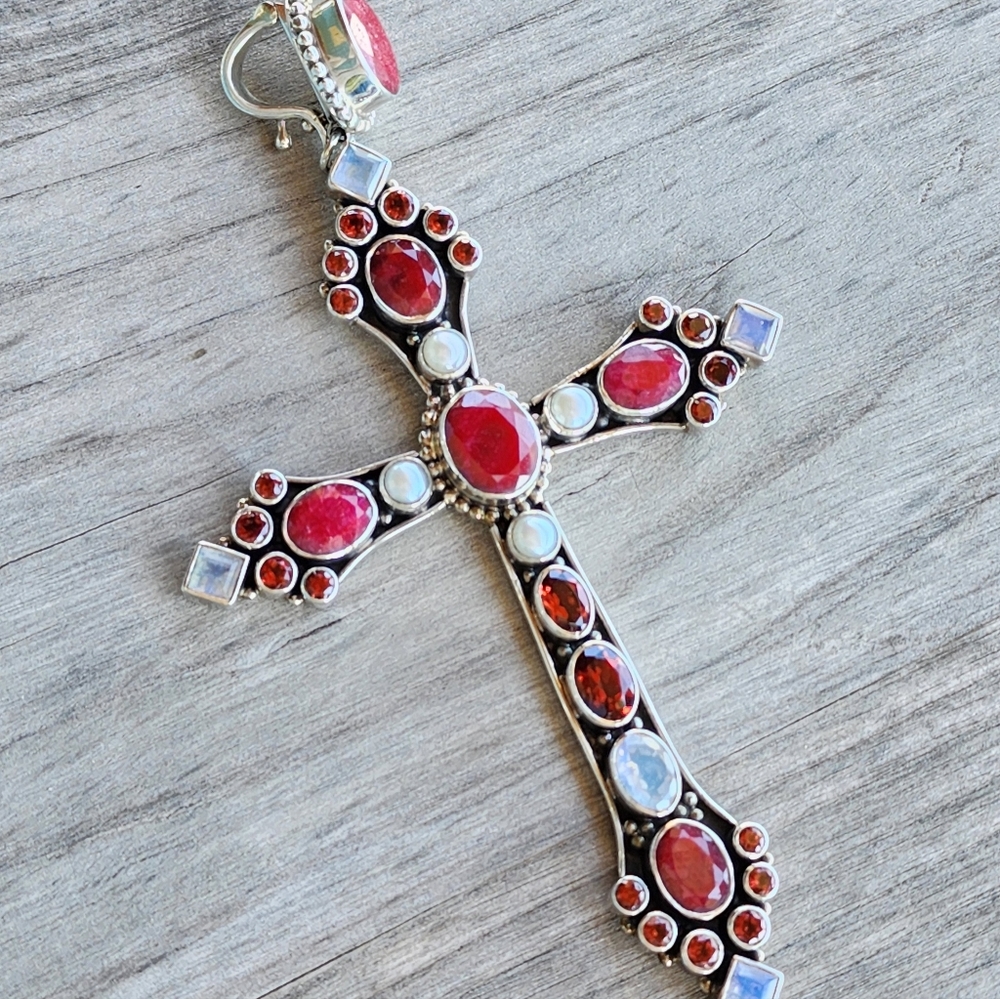 Nicky Butler Sterling Silver Ruby Pearl Garnet Moonstone Cross Pendant Vintage - Picture 6 of 9